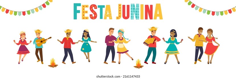 Festa Junina. Vector templates for Brazil june party. Fun dancing people.