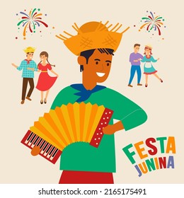 Festa Junina. Vector templates for Brazil june party. Dancing people on the background of fireworks. Guy playing the accordion.