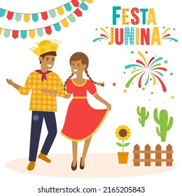 Festa Junina. Vektorvorlagen für die Partys der June in Brasilien. Tanzende Menschen auf dem Hintergrund von Feuerwerken. Vektorgrafik.