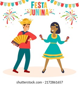Festa Junina. Vector templates for Brazil june party. Brazil symbols of accordion, maracas, fun dancing people, festive fireworks.