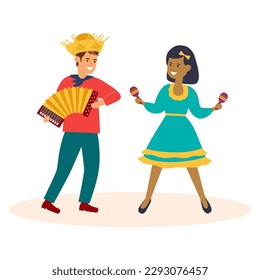 Festa Junina. Vector templates for brazilian june party. Cheerful dancing people, a man plays an accordion, a woman plays maracas.