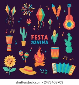 Festa Junina vibrant elements. Brazil June Festival Design. Folklore Holiday. Guitar, Accordion, Cactus, Sunflower, Campfire, Dram, Fireworks. Festa de Sao Joao Vector illustration on dark background