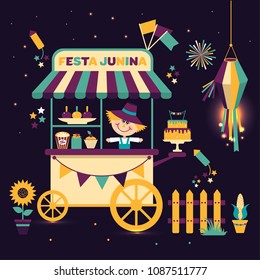 Festa Junina Village Festival In Latin America. Icons Set In Bright Color. Flat Style Decoration. Street Cart With Food.