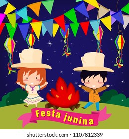 Festa Junina village festival in Latin America. children dancing around the bonfire with Party Flags and Paper Lantern. Brazil June Festival Design for Greeting Card, Invitation or Holiday Poster.