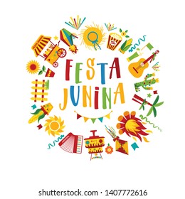 Festa Junina village festival in Latin America. Icons set illustration.