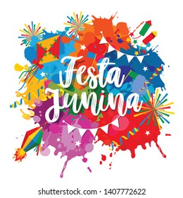 Festa Junina village festival in Latin America. Lettering illustration on bright blots.