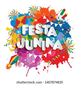 Festa Junina village festival in Latin America. Lettering illustration on bright blots.