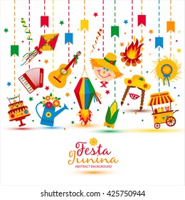 Festa Junina village festival in Latin America. Icons set in bright color. Flat style decoration.