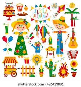 Festa Junina village festival in Latin America. Icons set in bright color. Flat style decoration.