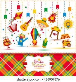 Festa Junina village festival in Latin America. Icons set in bright color. Flat style decoration.