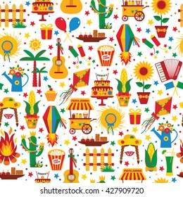 Festa Junina village festival in Latin America. Icons set in bright color. Flat style decoration. Seamless pattern.