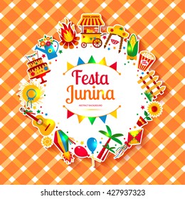 Festa Junina village festival in Latin America. Icons set in bright color. Festival style decoration.