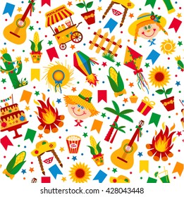 Festa Junina village festival in Latin America. Icons set in bright color. Flat style decoration. Seamless pattern.