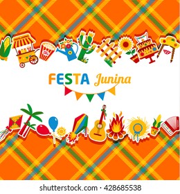 Festa Junina village festival in Latin America. Icons set in bright color. Festival style decoration.