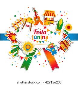 Festa Junina village festival in Latin America. Icons set in bright color. Flat style decoration.