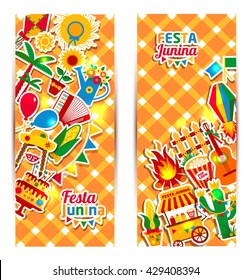 Festa Junina village festival in Latin America. Icons set in bright color. Flat style decoration. Banners set.