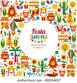 Festa Junina village festival in Latin America. Icons set in bright color. Flat style decoration. 