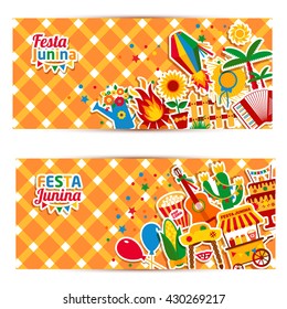 Festa Junina village festival in Latin America. Icons set in bright color. Flat style decoration. Banners set.