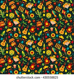 Festa Junina village festival in Latin America. Icons set in bright color. Flat style decoration. Seamless pattern on dark.