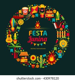 Festa Junina village festival in Latin America. Icons set in bright color. Flat style decoration. Wreath.