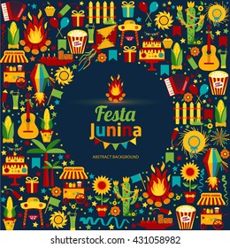 Festa Junina village festival in Latin America. Icons set in bright color. Flat style decoration. 