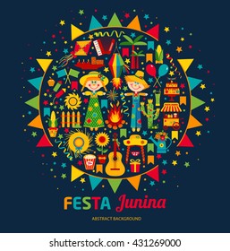 Festa Junina village festival in Latin America. Icons set in bright color. Flat style decoration on dark blue.