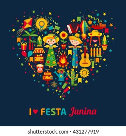 Festa Junina village festival in Latin America. Icons set in bright color. Flat style decoration. I love festa junina. Heart of color icon set. 