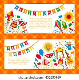 Festa Junina village festival in Latin America. Icons set in bright color. Flat style decoration. Banners set.