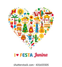 Festa Junina village festival in Latin America. Icons set in bright color. Flat style decoration. I love festa junina. Heart of color icon set.