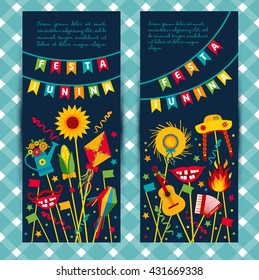 Festa Junina village festival in Latin America. Icons set in bright color. Flat style decoration. Banners set.