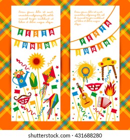 Festa Junina village festival in Latin America. Icons set in bright color. Flat style decoration. Banners set.