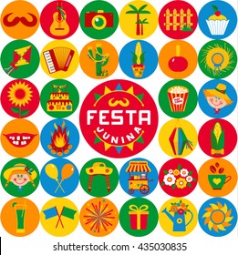 Festa Junina village festival in Latin America. Icons set in bright color. Flat style decoration.