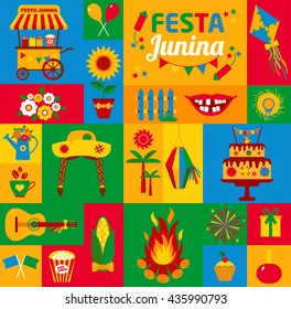 Festa Junina village festival in Latin America. Icons set in bright color. Flat style decoration.