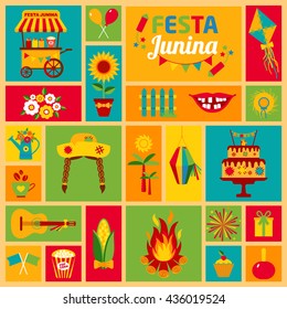 Festa Junina village festival in Latin America. Icons set in bright color. Flat style decoration.