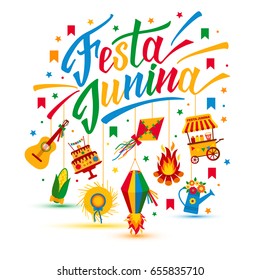 Festa Junina village festival in Latin America. Icons set in bright color. Flat style decoration.