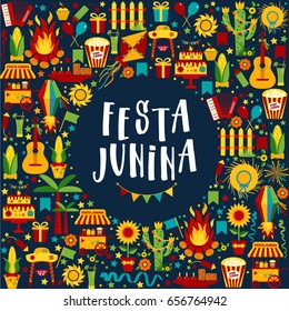 Festa Junina village festival in Latin America. Icons set in bright color. Flat style decoration. Wreath.