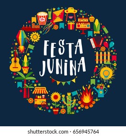 Festa Junina village festival in Latin America. Icons set in bright color. Flat style decoration. Wreath.