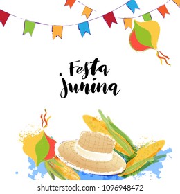 Festa Junina watercolor vector greeting card design with hand drawn elements like hat, corn, decorative flags, fire for traditional Brazilian holiday celebration editable banners.