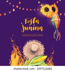 Festa Junina watercolor vector greeting card design. Brazil June festival celebration hand drawn colorful illustration with traditional elements like straw hat, corn, sunflower, party flags, lantern.