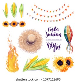 Festa Junina watercolor vector greeting card design set. Brazil festival celebration hand drawn colorful illustration with traditional elements like straw hat, corn, sunflower, party flags, lantern.