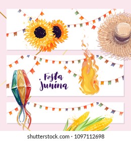 Festa Junina watercolor vector greeting card design. Brazil June festival celebration hand drawn colorful illustration with traditional elements like straw hat, corn, sunflower, party flags, lantern.