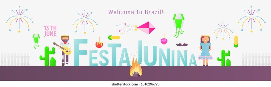 Festa Junina Web Banner for Latin American Holiday, June Festival in Brazil. Cartoon People and Carnival Objects. Vector Illustration.