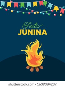 festa junina with wood fire and pennants. vector illustration

