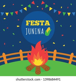 festa junina wooden fire and corn flat design with font flags and fence with blue background illustration 