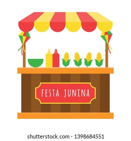 festa junina wooden roof stall with corn and sauce bottles with bowl in flat design with hanging lantern and font in frame illustration 
