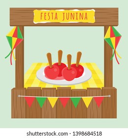 festa junina wooden stall with caramel apples in plate flat design with hanging lantern and flag strings with font illustration 