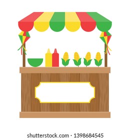 festa junina wooden stall with colorful roof corn and sauce bottles with bowl in flat design with hanging lantern and empty frame on front of stall  illustration 