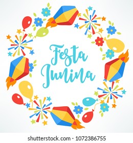 Festa Junina wreath with flower, balloon, firework, lantern on white background. Circle frame. Perfect for invitation and holiday greeting cards.