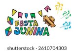 Festa Junina written in Portuguese. June Party banner decorated with balloons, fireworks and straw country hat.