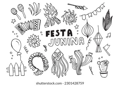 Festa Junina.Brazilian Midsummer Festival. party decoration. Hand drawn vector doodles set isolated on white background.